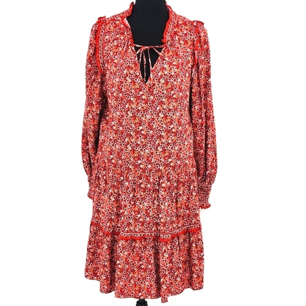 Max Studio Tiered Midi Dress Womens Medium Red Long Sleeve Ditsy Floral Print